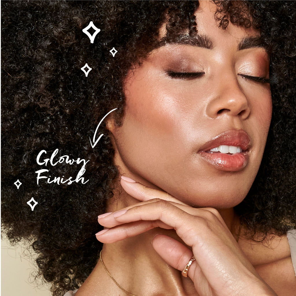 Close up of model wearing the product on her cheeks.