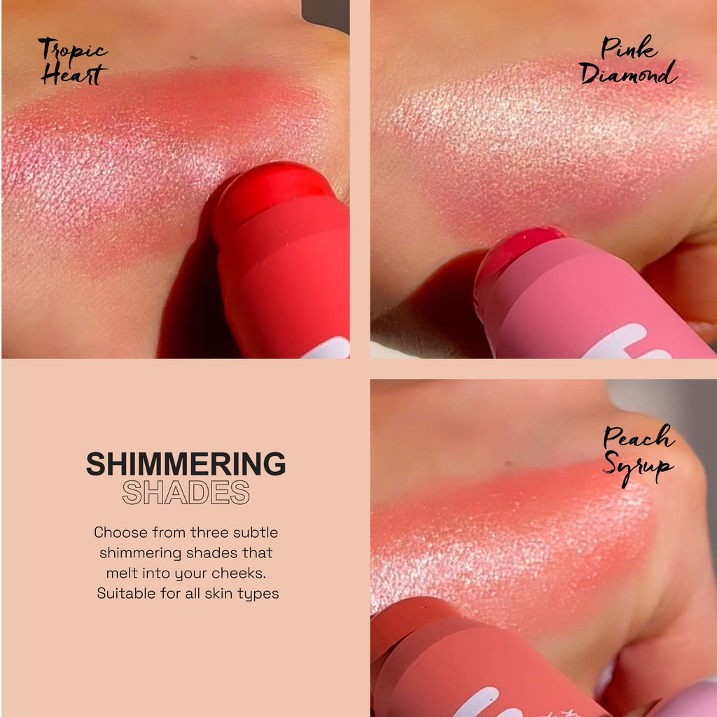 Images of all 3 shades swatches on a models hand. Text saying they are shimmery shades suitable for all skin types.