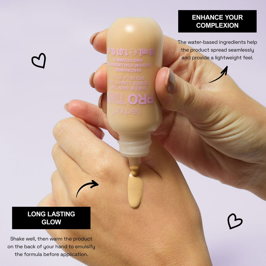 A pro tint bottle being squeezed onto a models hand to show the shade. Text around saying it enhances complexion and has a long lasting glow.