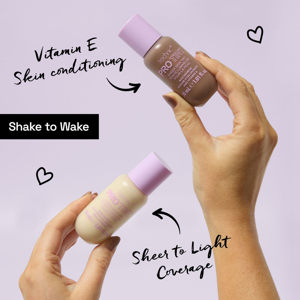 2 shades of the pro tint being held in front of a purple background. Arrows with text saying it has sheer to light coverage and it contains Vitamin E