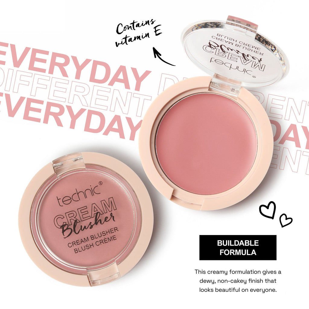 An opened and closed cream blusher with text saying it has a buildable formula and contains vitamin E.
