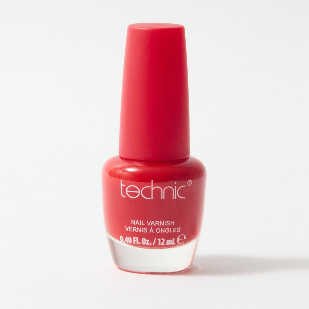 A bottle of nail varnish in the shade Pillar Box on a white background