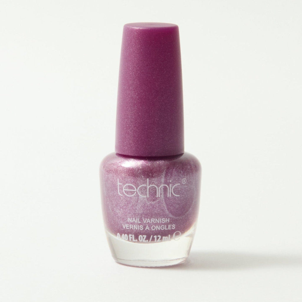 A bottle of shimmer nail varnish in the shade Violet on a white background