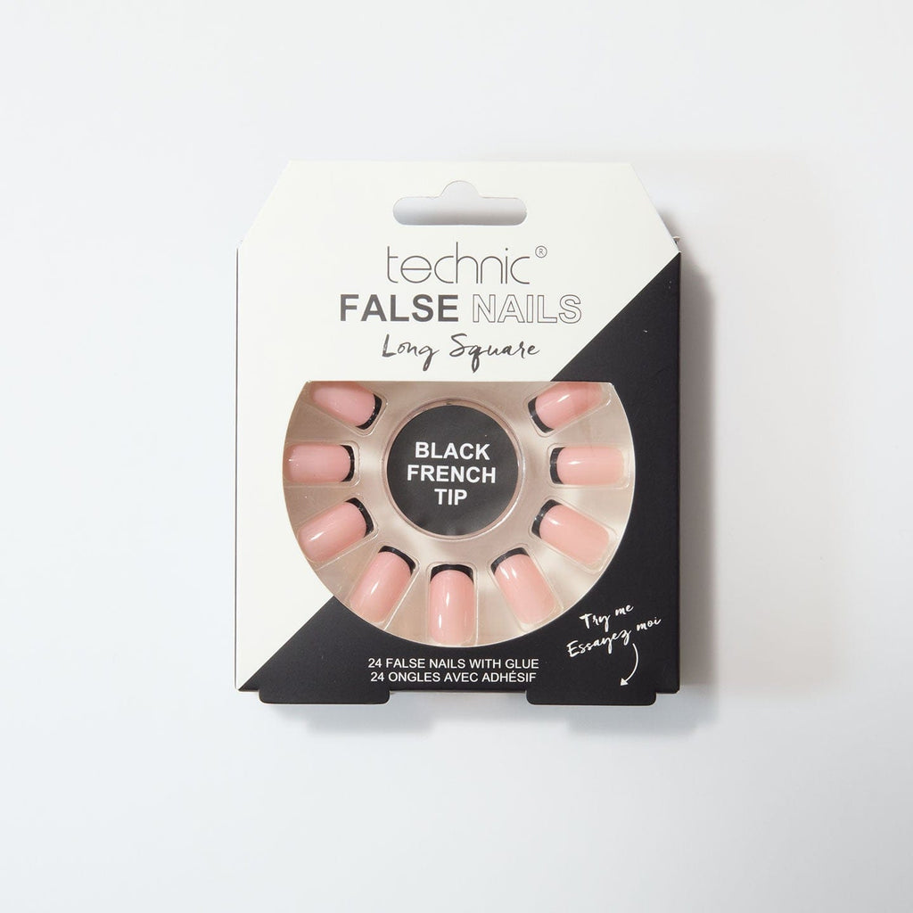 Black french tip long square nails in a black and white box on a white background.