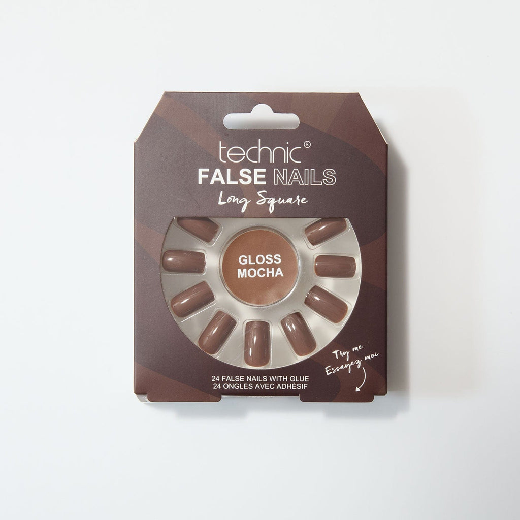 Gloss mocha long square nails in a brown patterned box on a white background