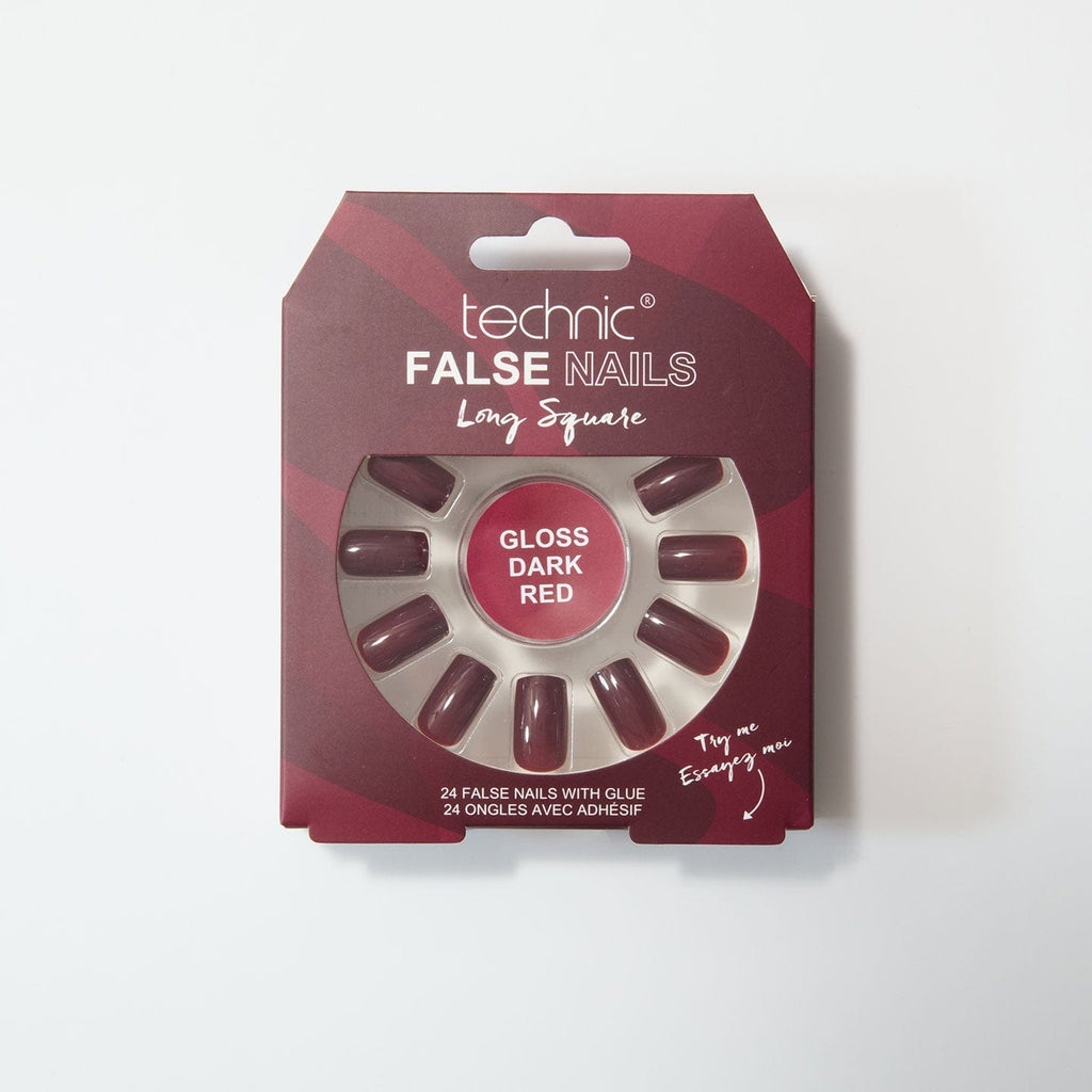 Gloss dark red long square nails in a red patterned box on a white background.