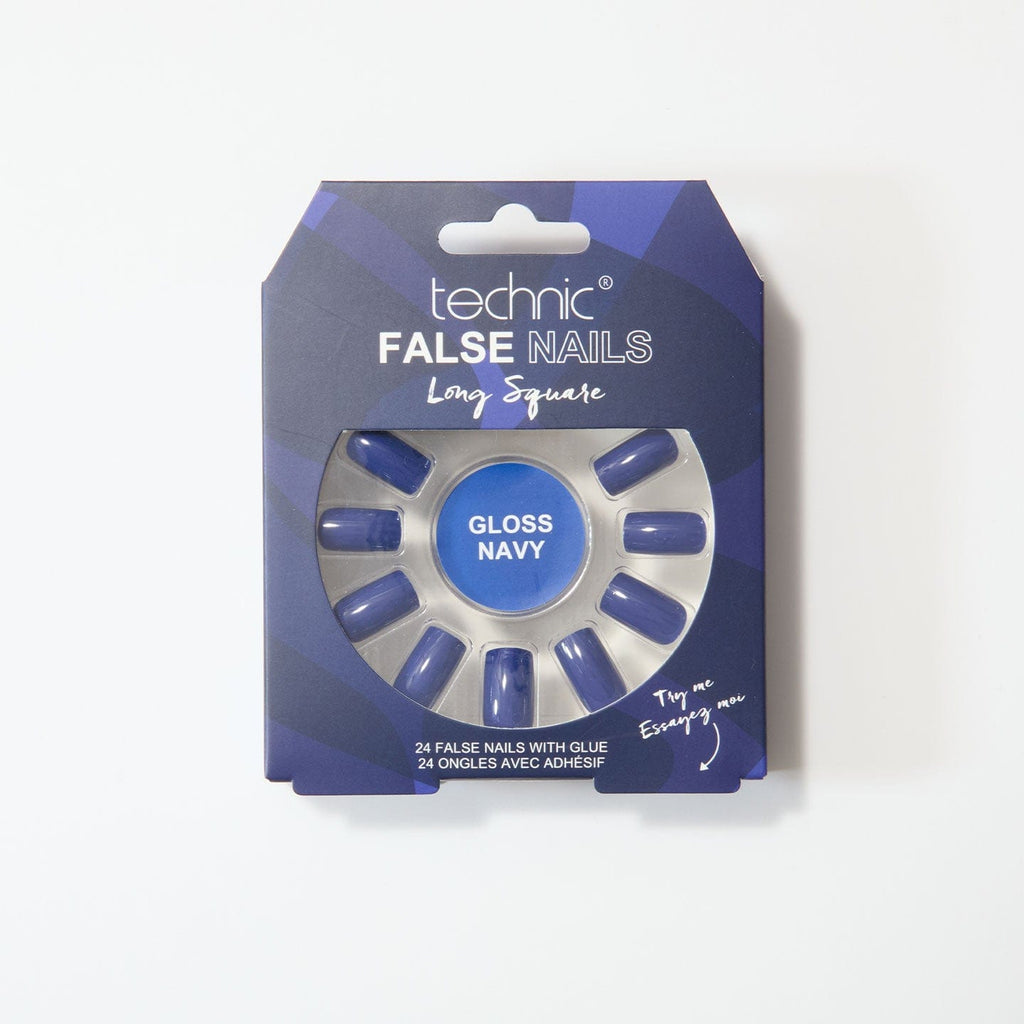 Gloss navy long square nails in a dark blue box on a white background.