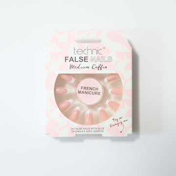 French manicure medium coffin nails in a pink and white patterned box on a white background.