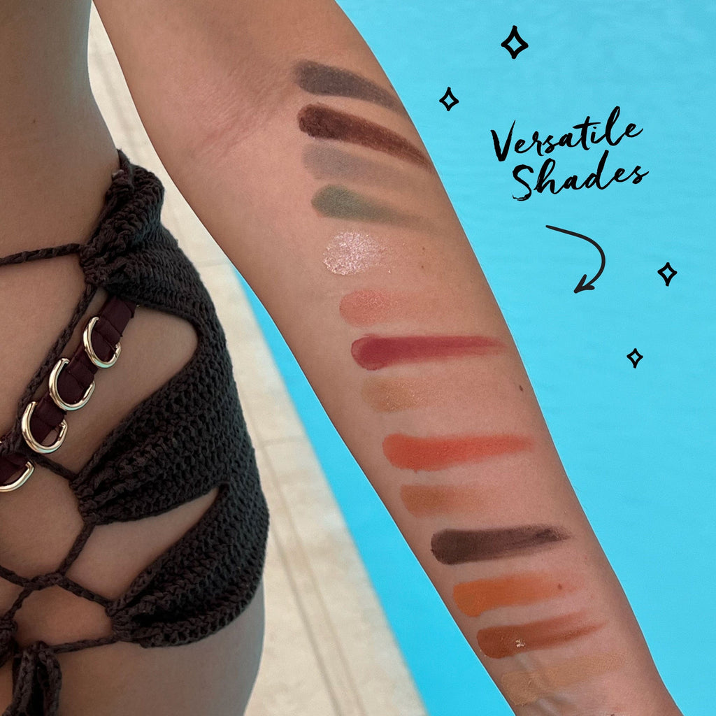 Swatches of each shade on a models arm with a pool background.