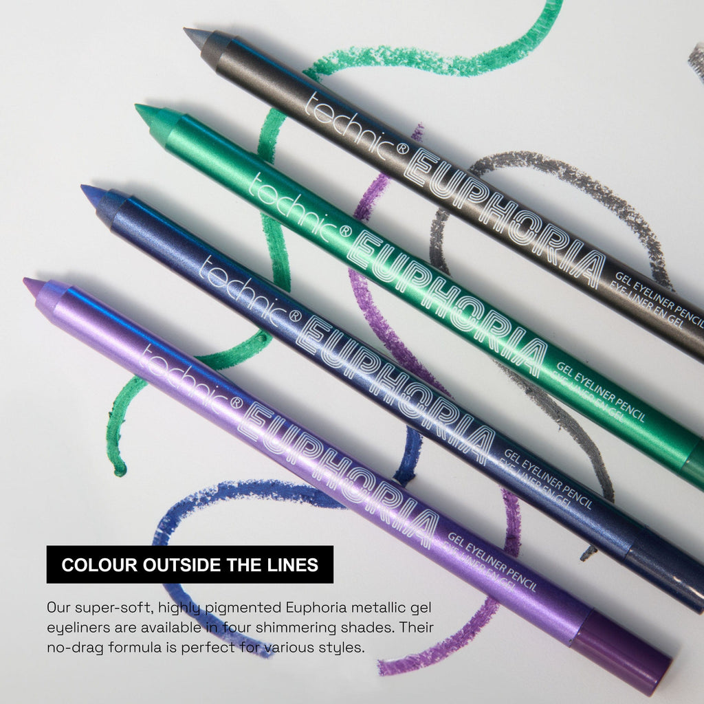 All 4 euphoria gel eyeliner shades in a row with waves drawn with the eyeliner colours behind them