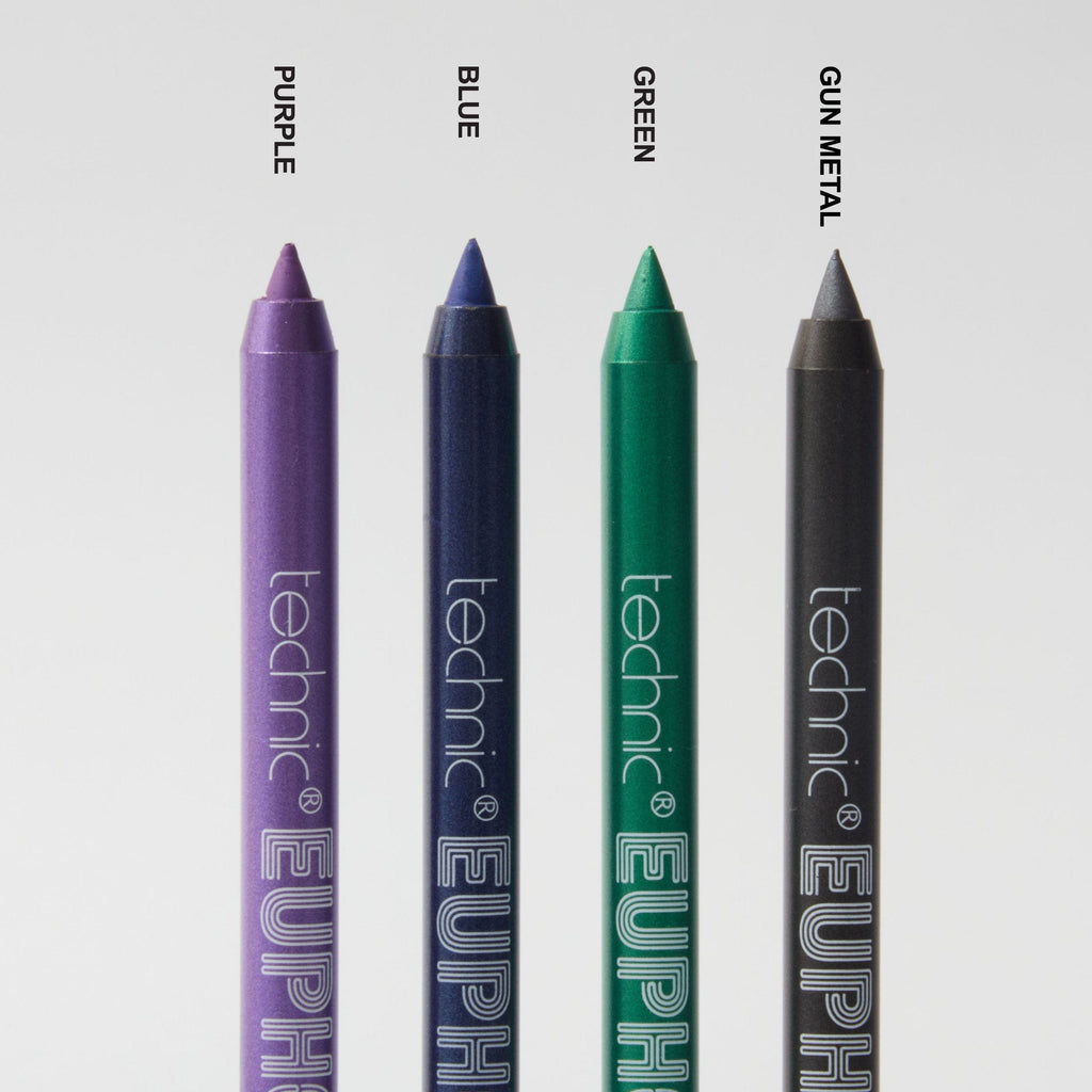 All 4 euphoria gel eyeliner shades in a row with corresponding colour names above them.