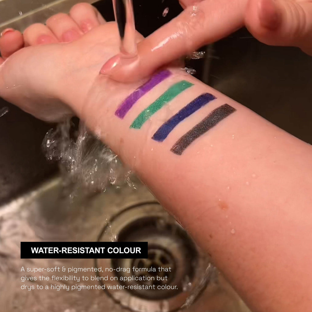 An arm with all 4 shades drawn in lines with water running over it, showing they are water-resistant.