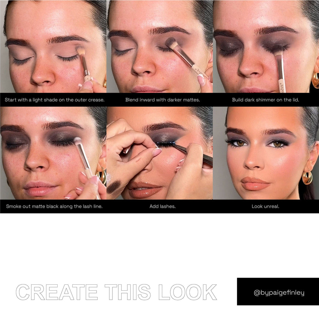 Images showing a step by step of how to create a smokey glam eyeshadow look.