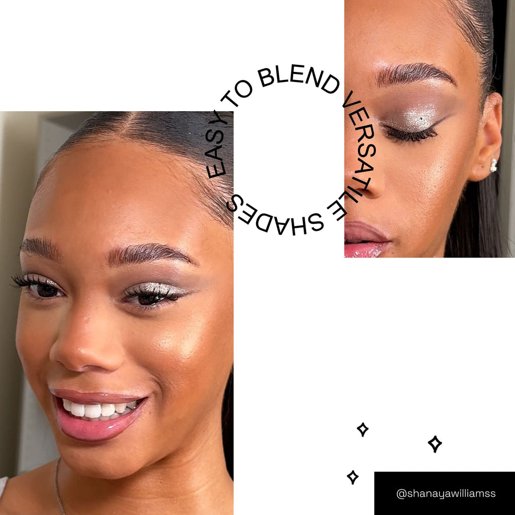 Model wearing a shimmery silver eye look.