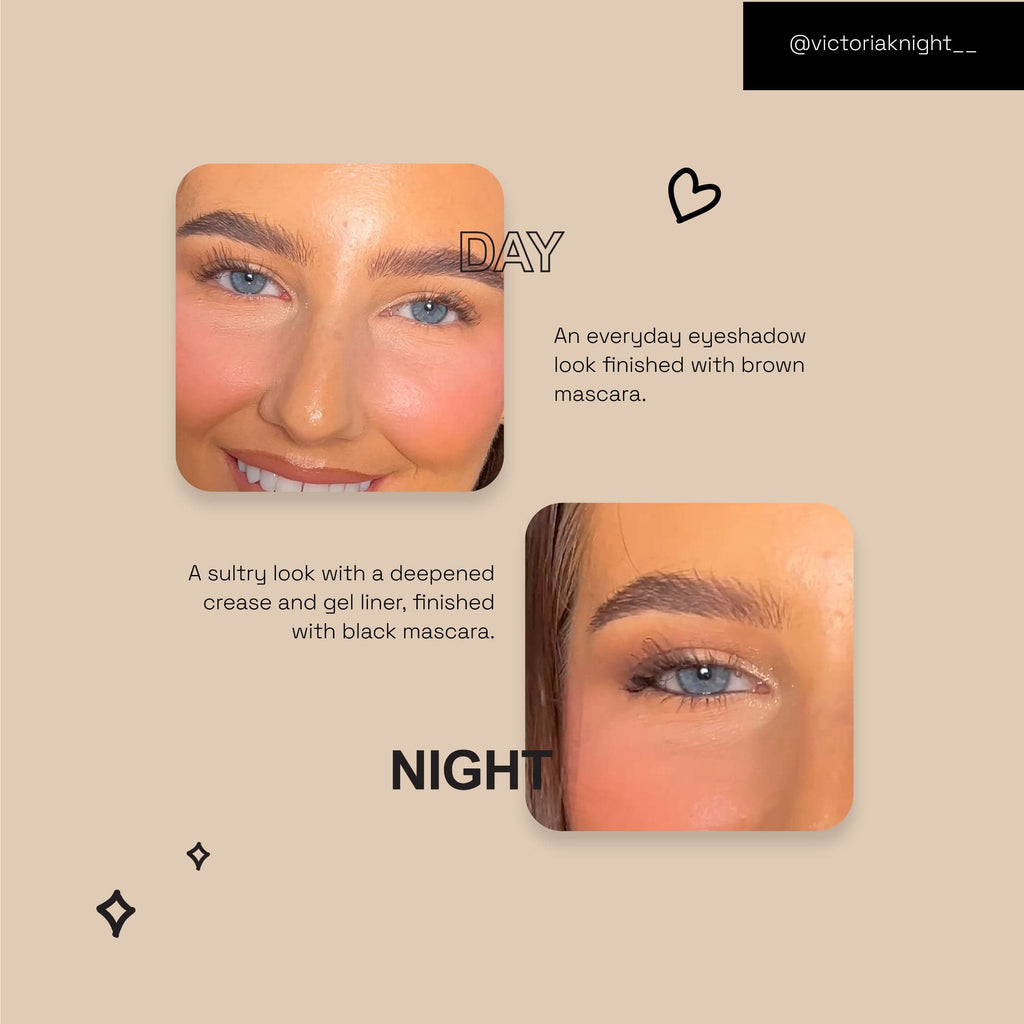 Close ups of models eyes showing you the shades in the palette go well with either brown or black mascara.