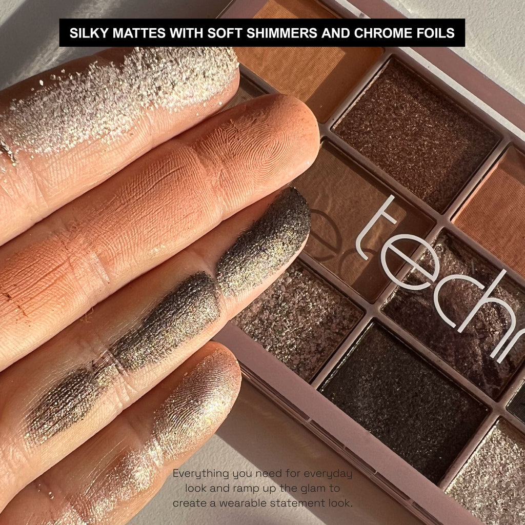 Swatches of 4 different shades with text saying "silky mattes with soft shimmers and chrome foils"