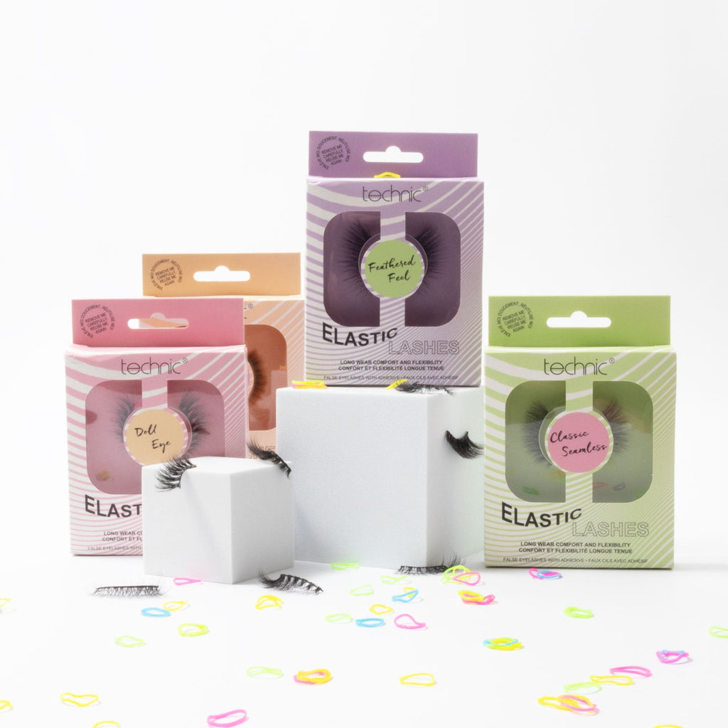 All 4 different styles of lashes displayed on different levels with rainbow elastic bands and individual lashes around them.