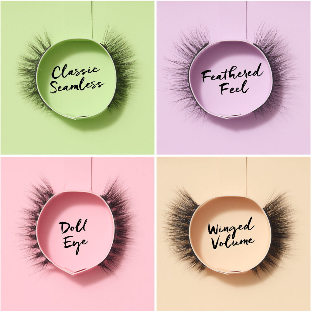 Close up of lashes in the packaging with style names in the middle.