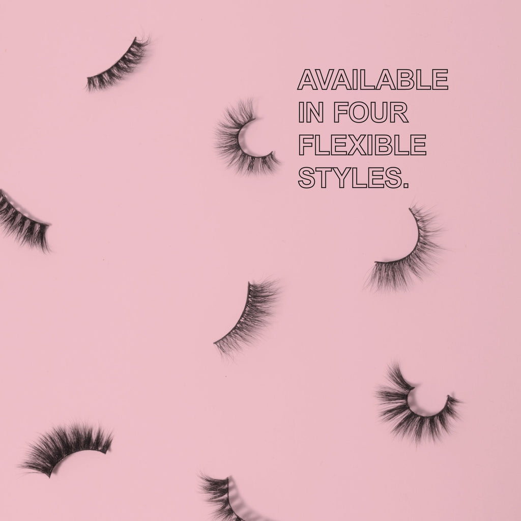 individual lashes on a pink background with text saying "Available in four flexible styles"