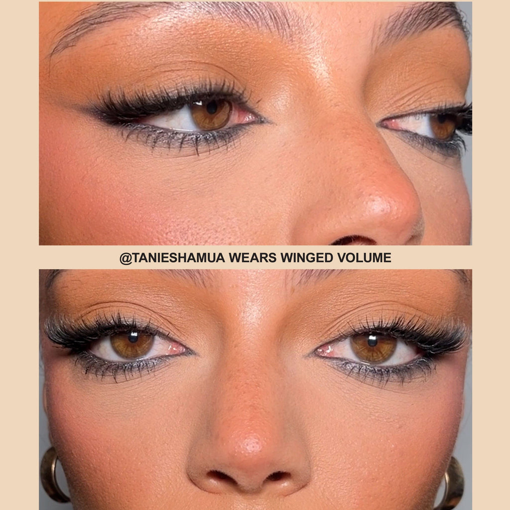 Close up of models eyes wearing the elastic lashes in the style Winged Volume.