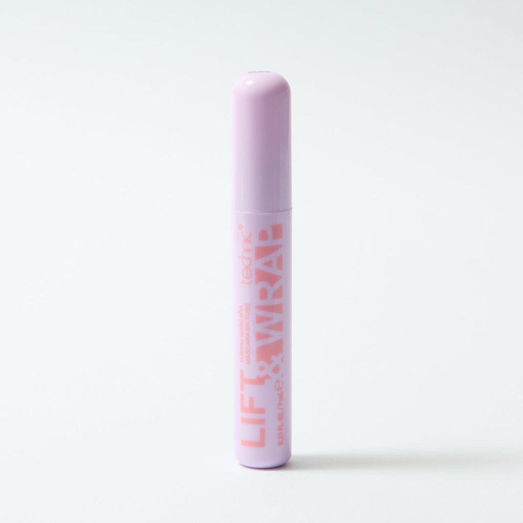 The mascara in the shade black which is in a purple tube on a white background.