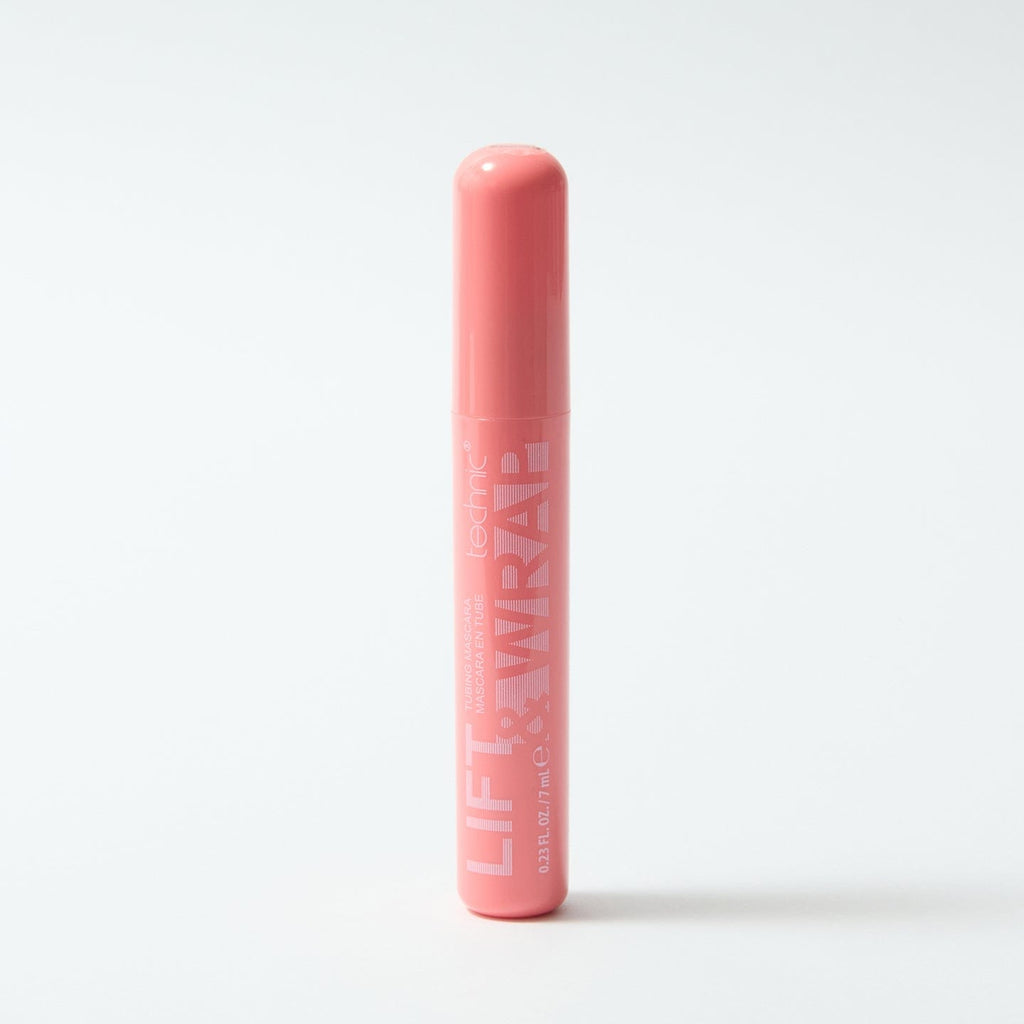 The Mascara in the shade brown which is in a pink tube on a white background.