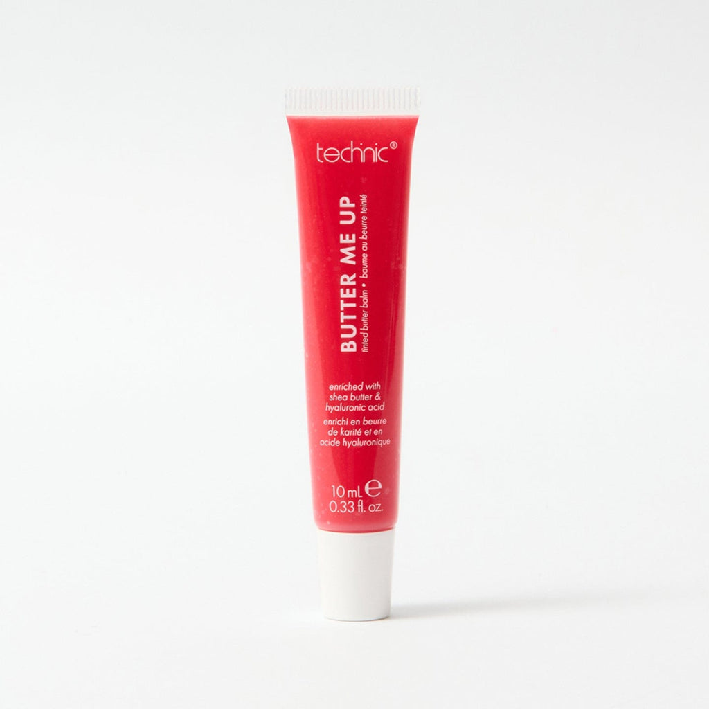 A butter me up lip balm in the shade Red Maraschino on a white background.