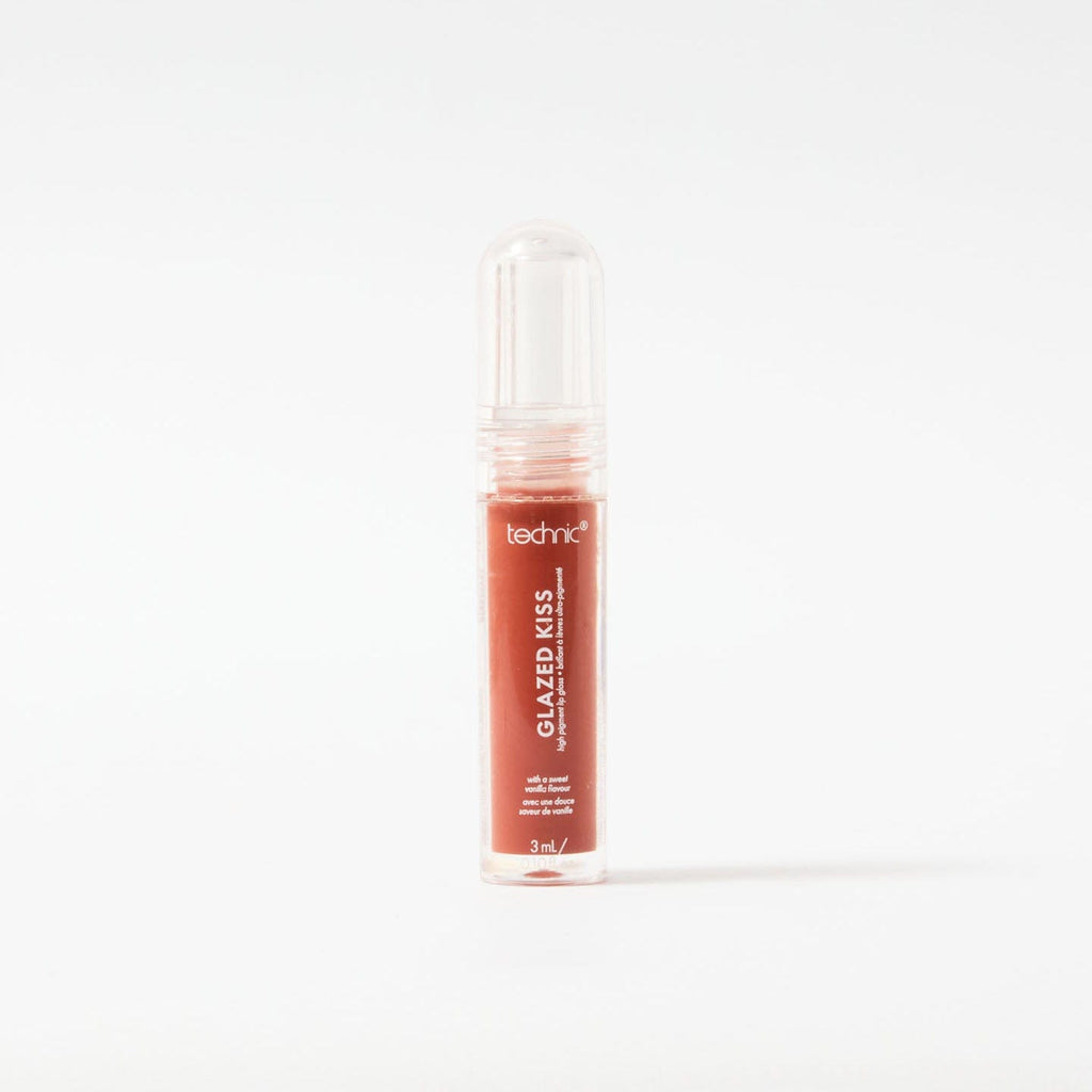 A glazed kiss lip gloss in the shade Teracotta Tan on a white background.