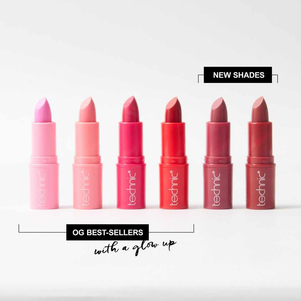 All lipstick shades on a white background with text saying which 2 are the new shades and which 4 are the OG best sellers.