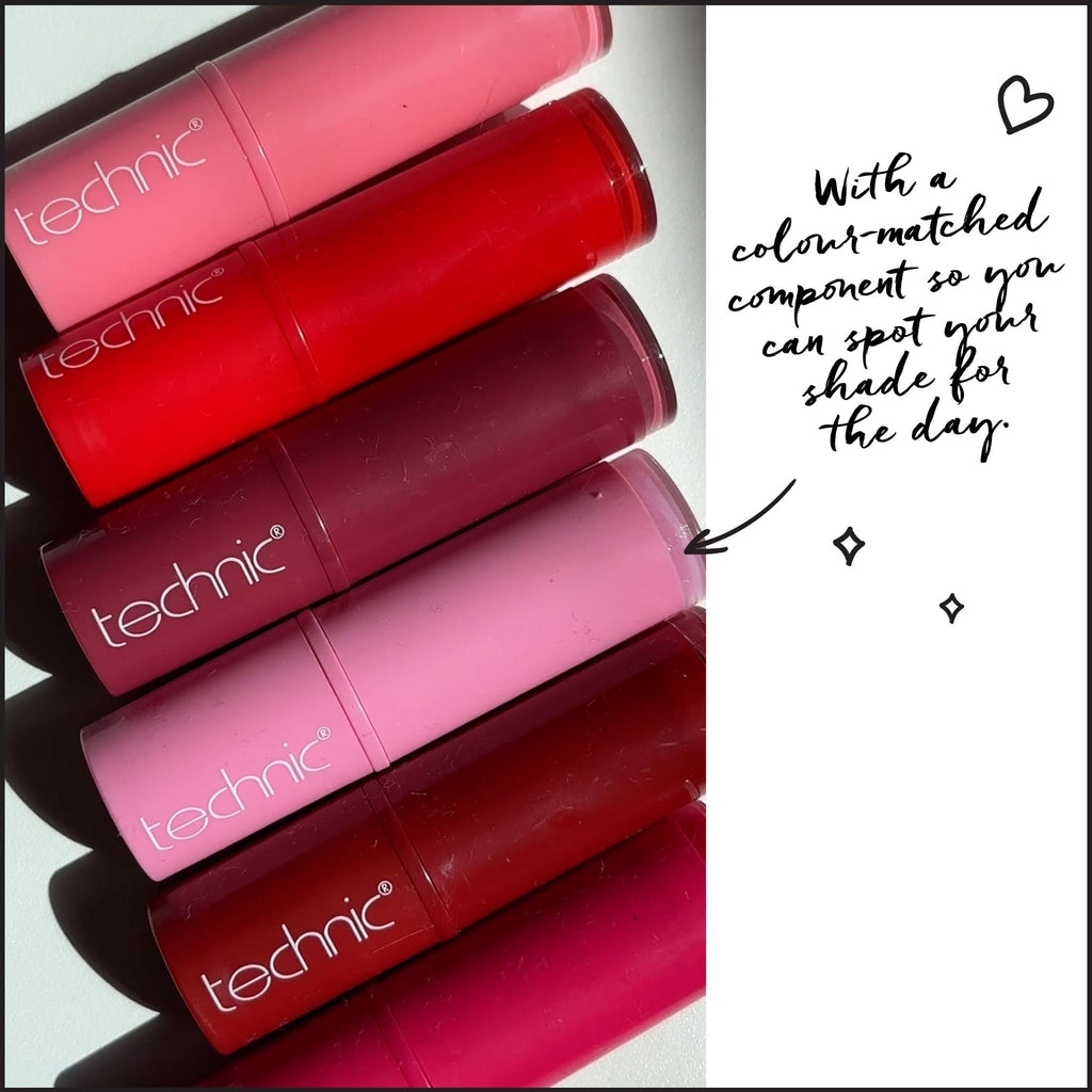 Close up image of all 6 shades of lipstick on a white table showing their component is the same colour as the lipstick shade.