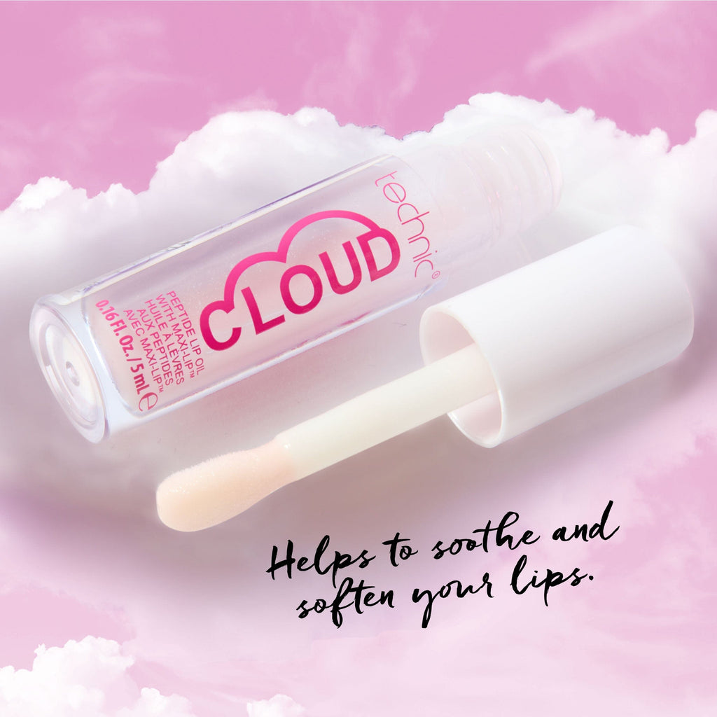 An opened cloud lip oil with a cloud background. Text saying it helps to soothe and soften lips.