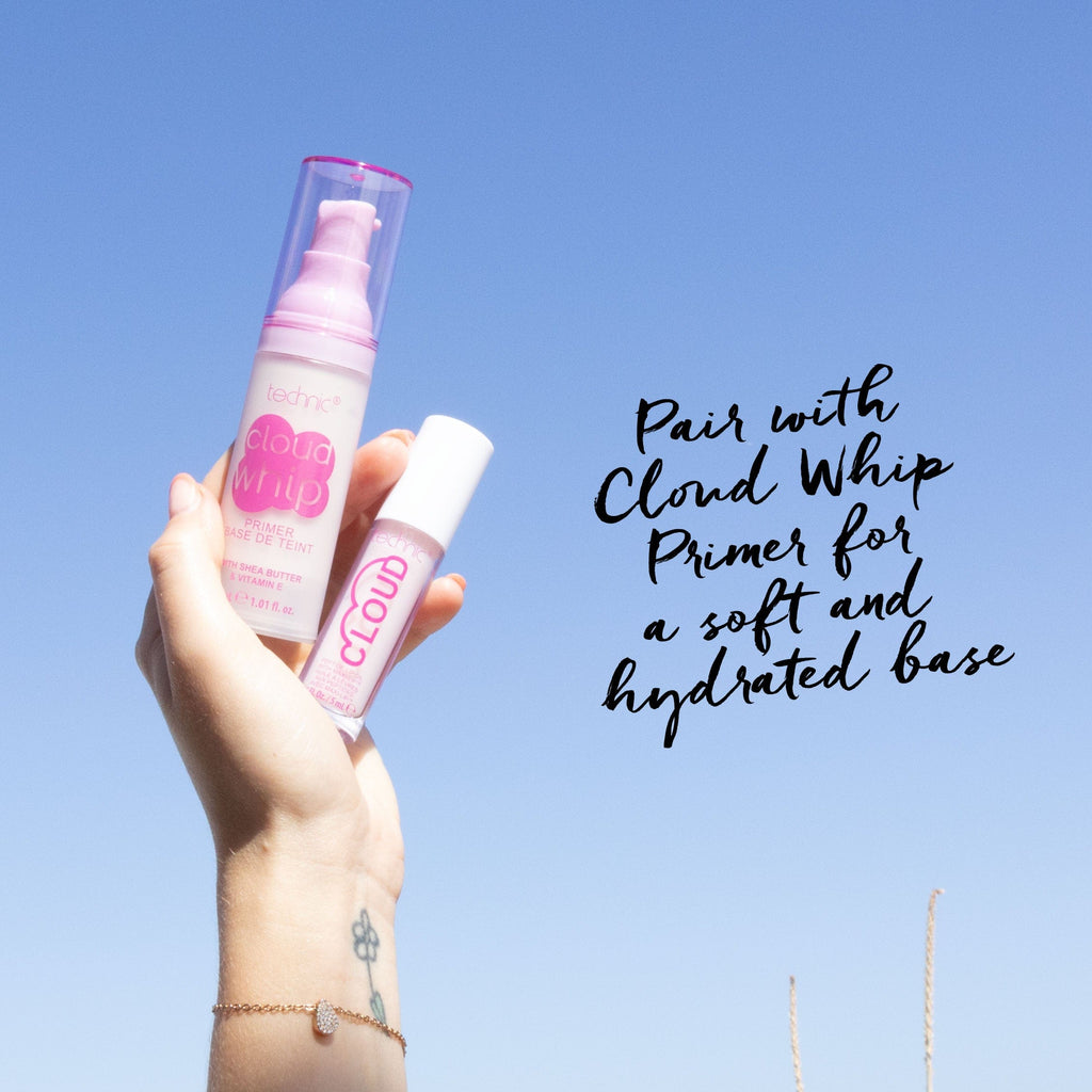 Models hand holding a cloud lip oil and a cloud whip primer with a blue sky background. Text saying the 2 products go well together.