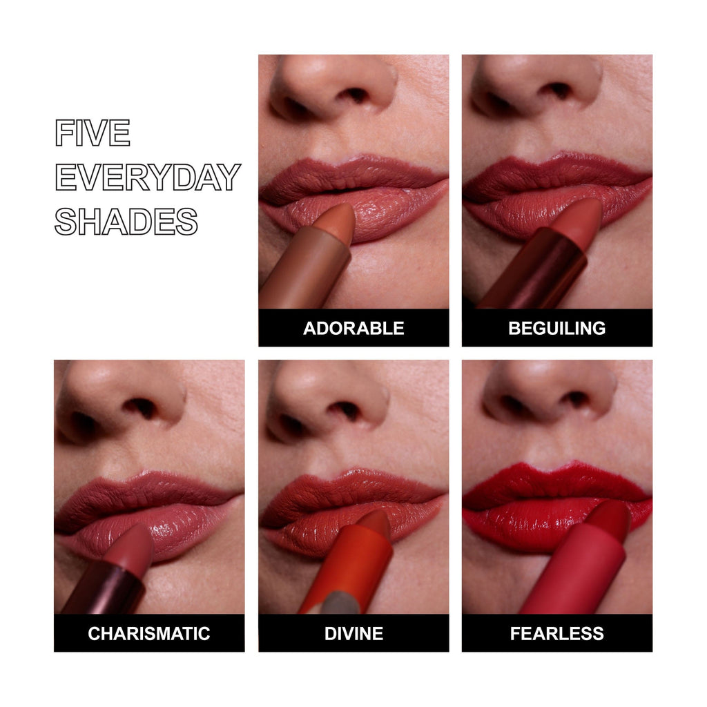 All 5 lipstick shades on models lips with text saying "5 Everyday Shades"