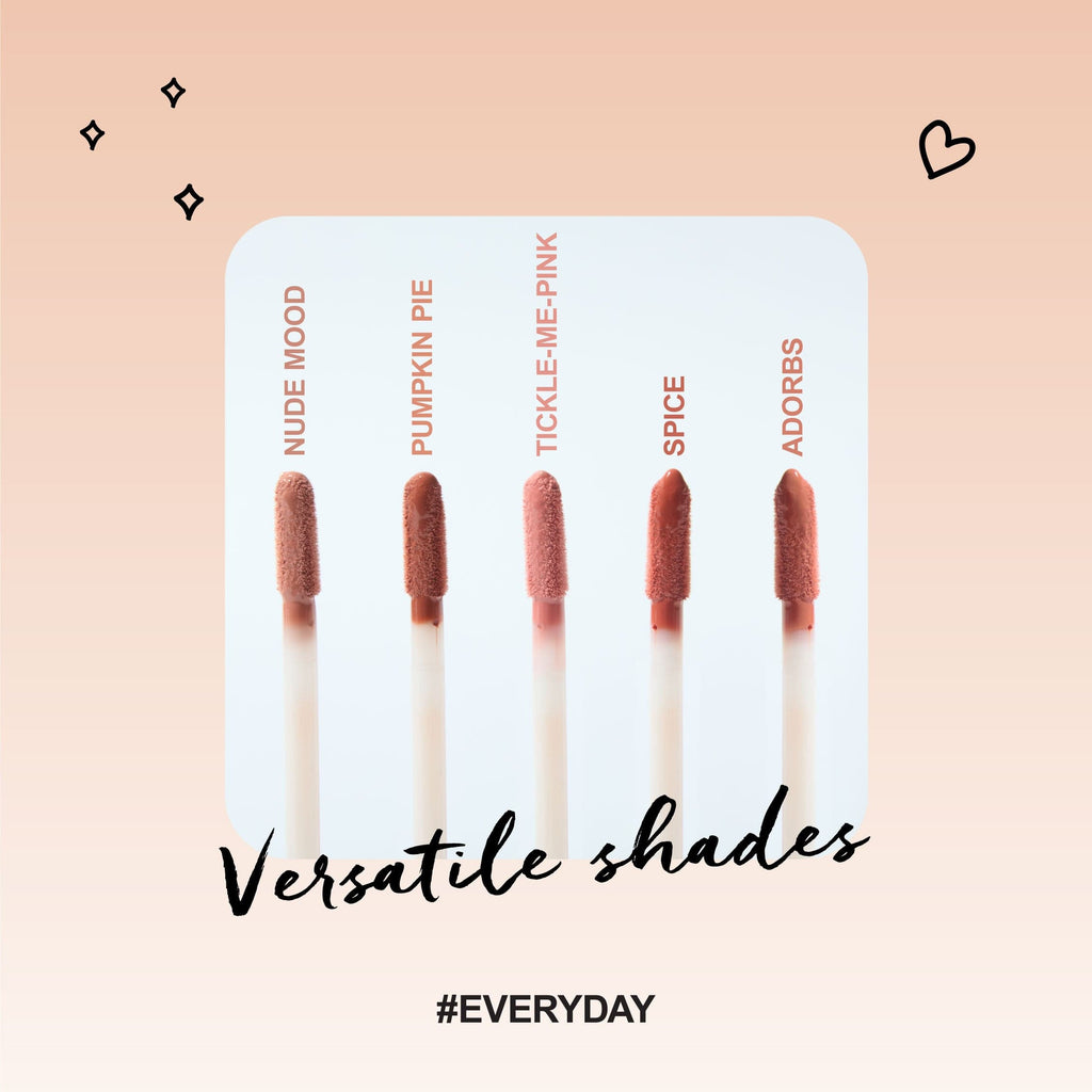Lip gloss application with shade names Nude Mood, Pumpkin Pie, Tickle Me Pink, Spice and Adorbs