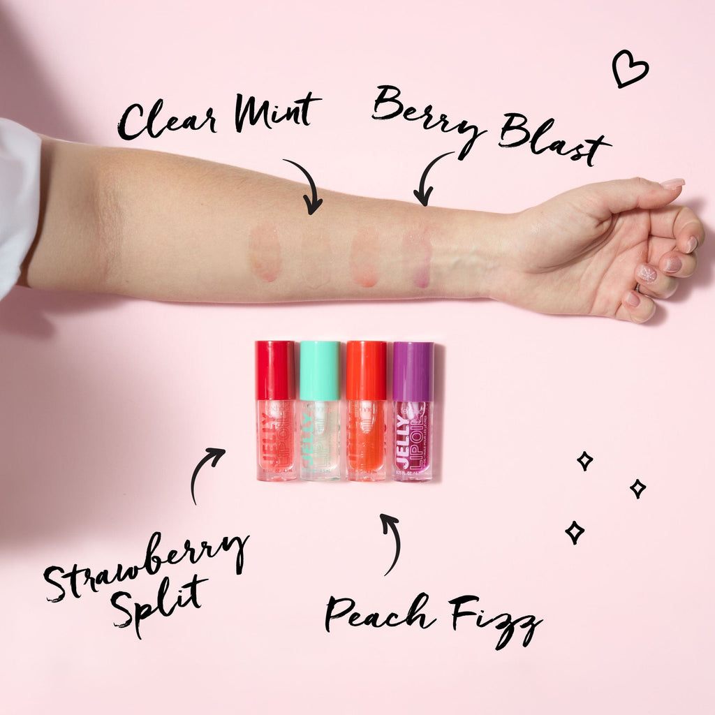 All 4 jelly lip oil swatches on an arm with the lip oils underneath and arrows showing corresponding shade names.