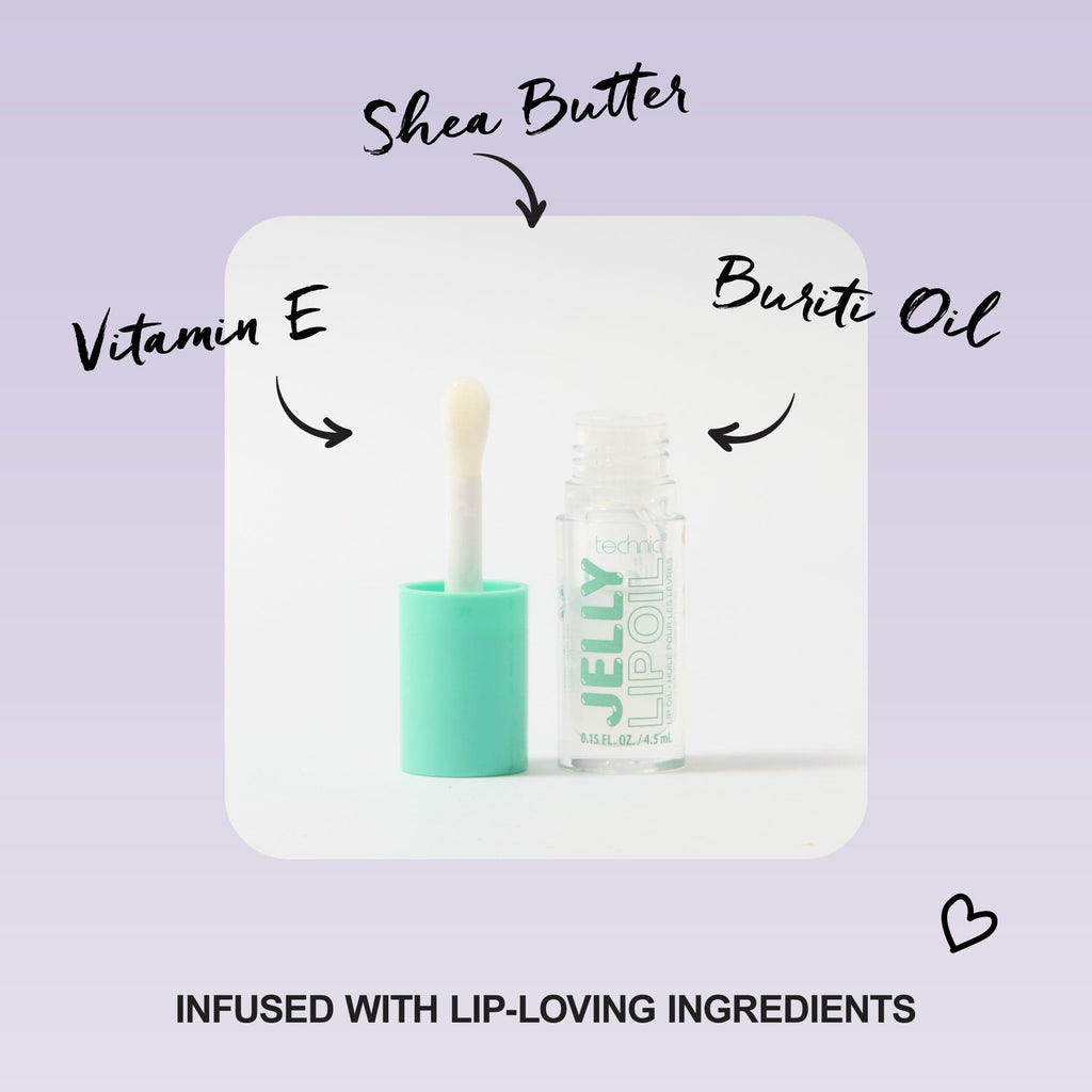 An opened jelly lip oil with its ingredients in text around it. The ingredients are Vitamin E, Shea Butter and Buriti Oil