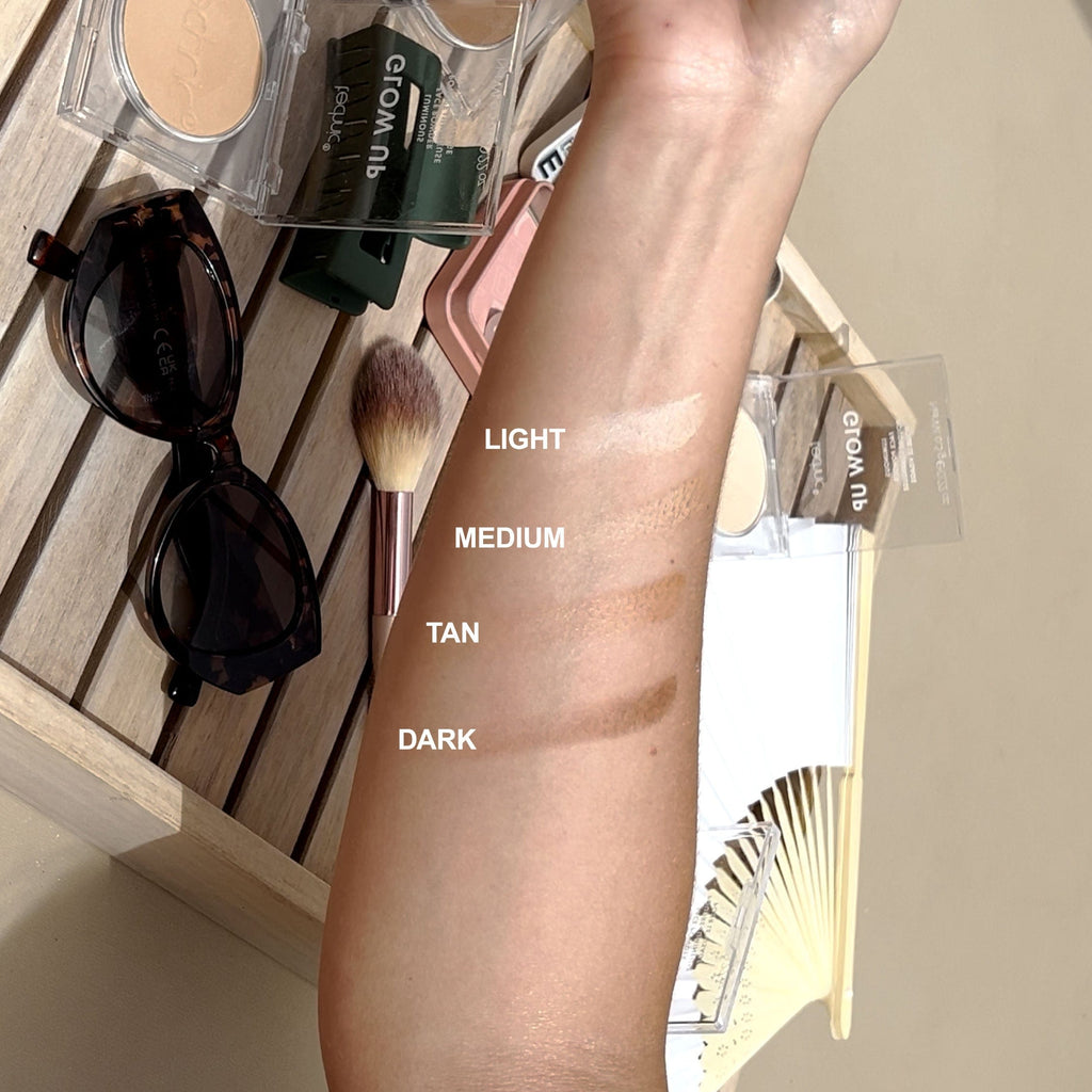 A models arm with all 4 luminous powder swatches on it with the corresponding shade names next to them.