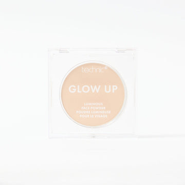 A glow up luminous face powder in the shade Light on a white background.