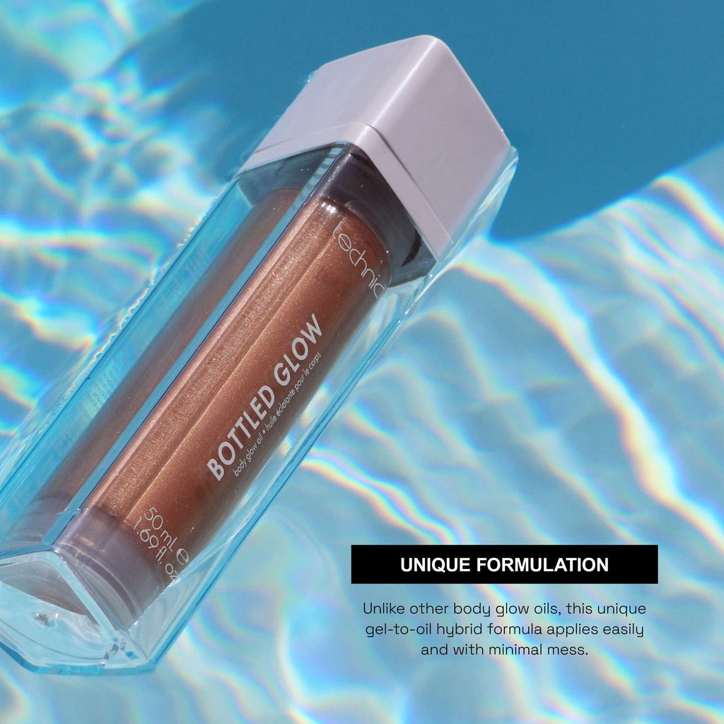 A close up of the bottled glow floating on a pool. Text saying "Unique Formulation"