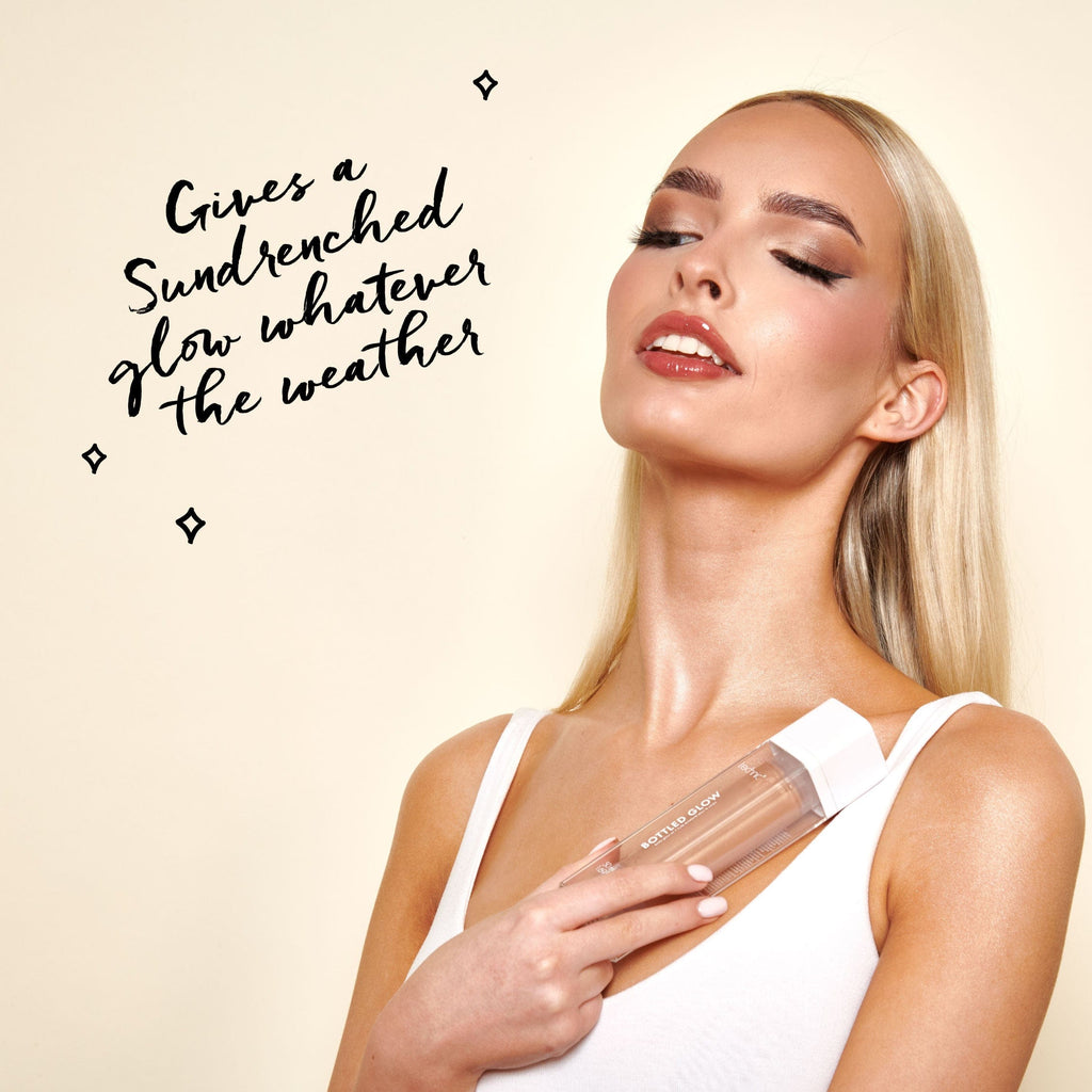 Model holding the bottled glow against her chest with text next to her saying "Gives A Sundrenched Glow Whatever The Weather"