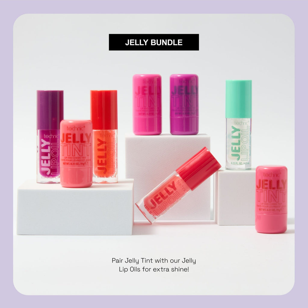 A 4 shades of jelly tint and all 4 shades of jelly lip oil displayed together on a white background.