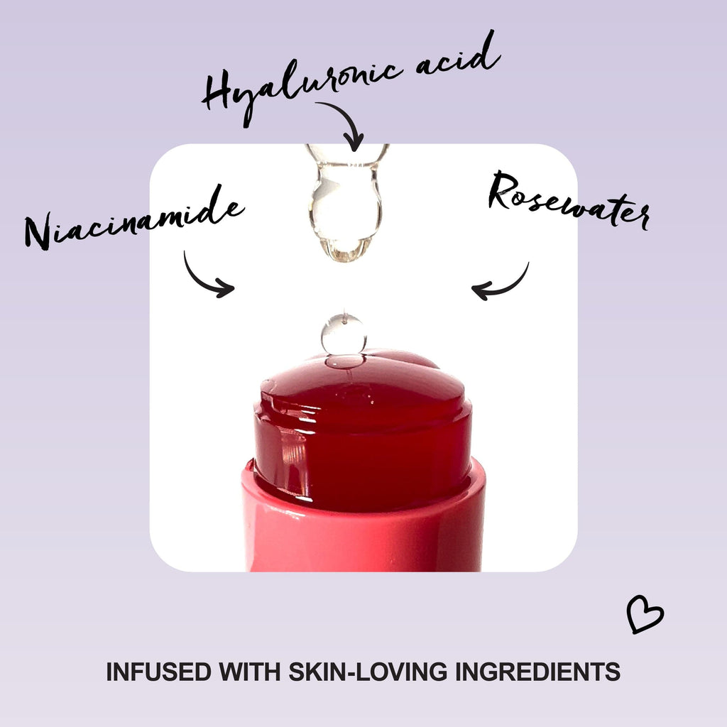 A close up of an opened jelly tint with a pipette dropping liquid onto it. The 3 main ingredients are in text around the image, the ingredients are Niacinamide, Hyaluronic Acid and Rosewater.