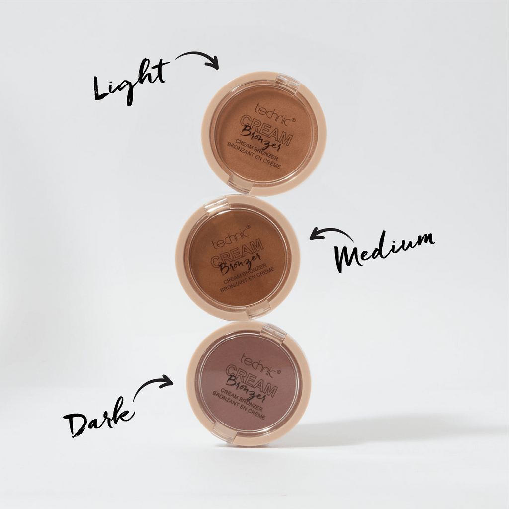 The 3 shades of the cream bronzer balancing on top of each other on a white background. There are arrows with the shade names pointing to the corresponding one.