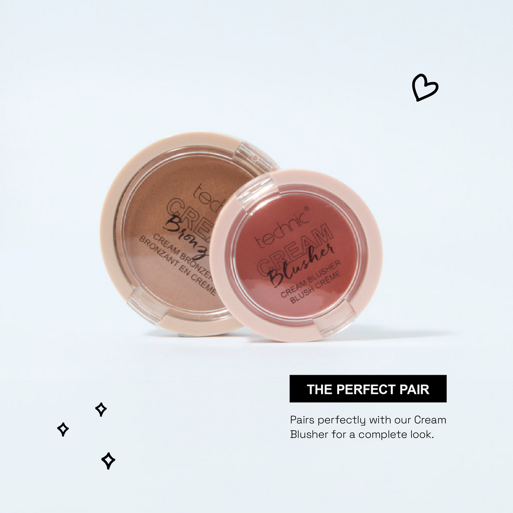 A cream bronzer and a cream blusher next to each other on a white background. They are both on a slight angle and the bonzer is a bit behind the blusher.  There is text which says they pair perfectly together for a complete look.