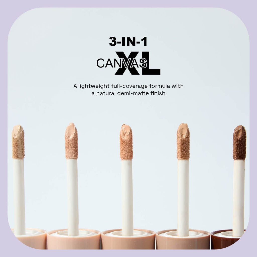 The application wands of all 5 shades of 3-in-1 canvas in a row in front of a white background with a lavender border. Text saying it is a lightweight full coverage formula with a demi-matte finish.