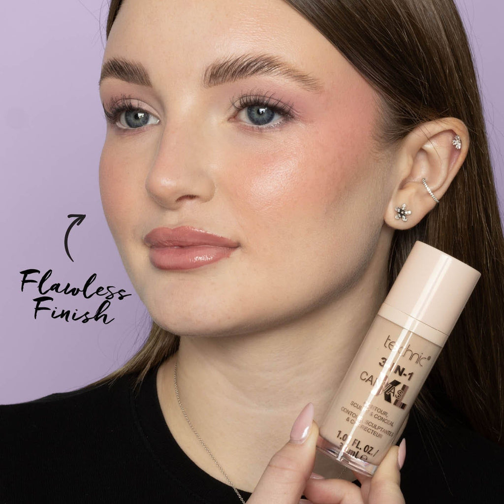 Model holding a 3-in-1 canvas next to her face in front of a purple background. 