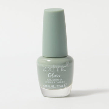 A bottle of gloss nail varnish in the shade Sage on a white background. It is a greeny grey colour.