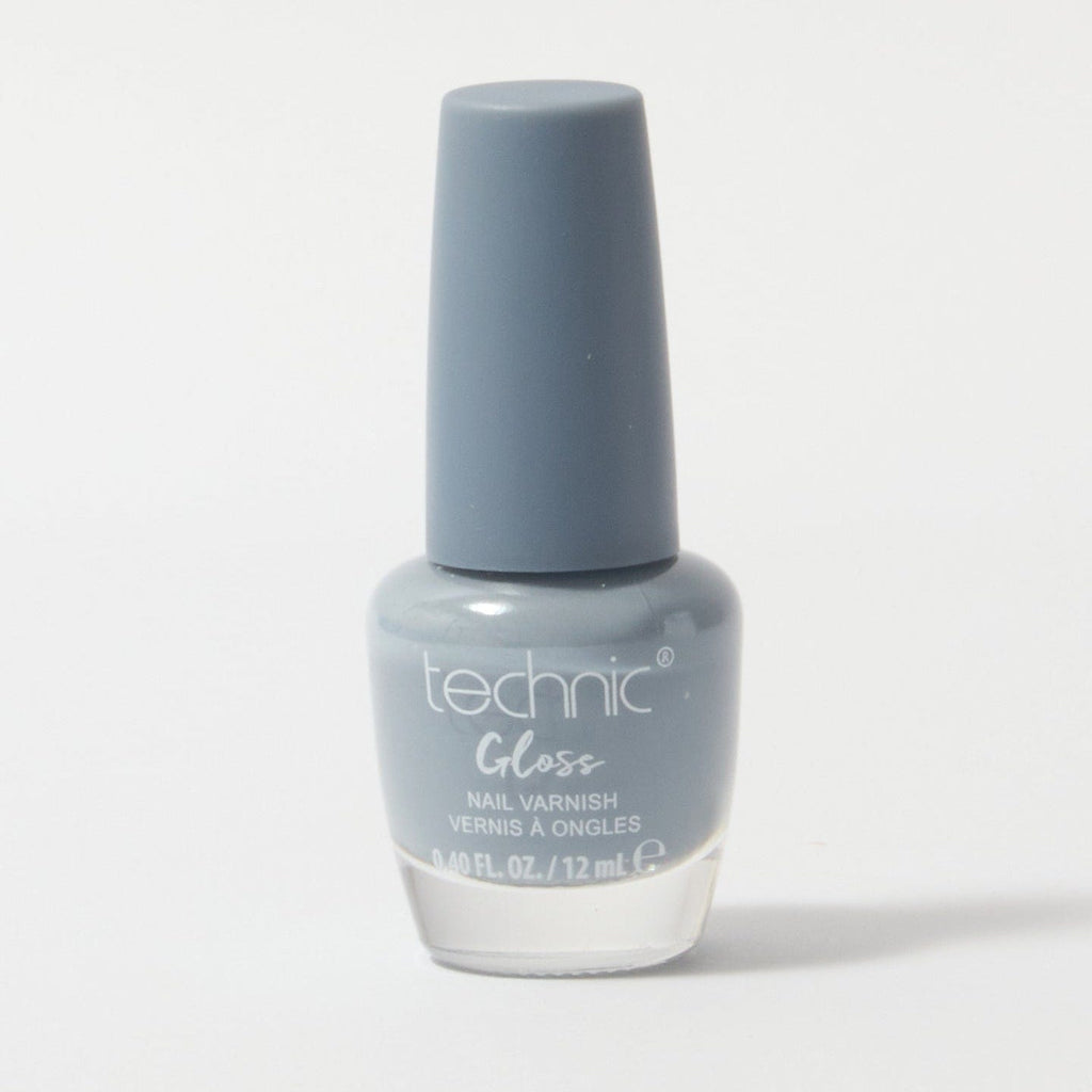 A bottle of gloss nail varnish in the shade Unflappable on a white background. It is a cool grey colour