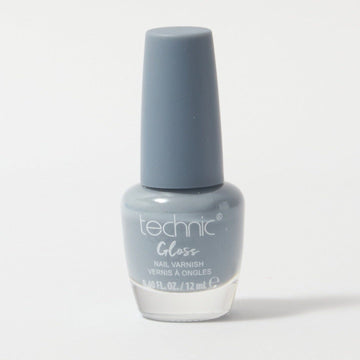 A bottle of gloss nail varnish in the shade Unflappable on a white background. It is a cool grey colour