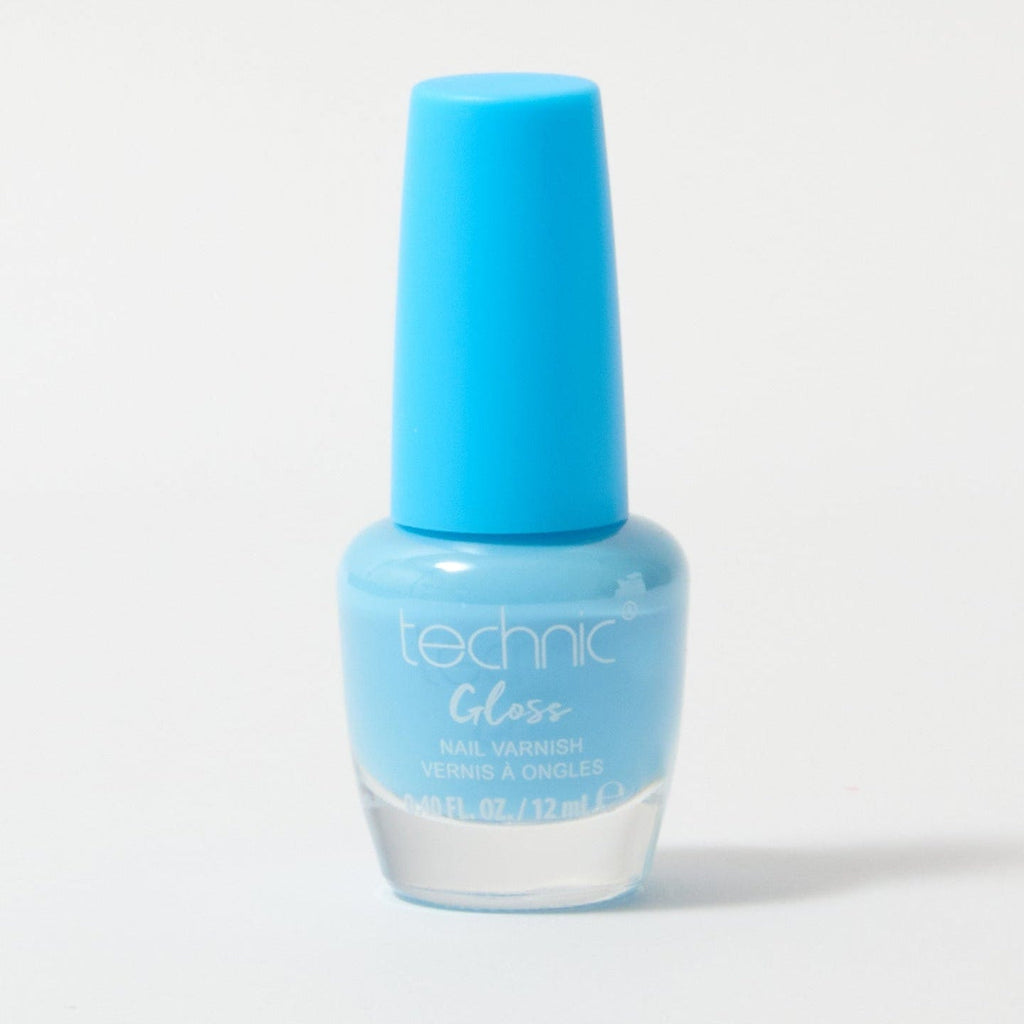 A bottle of gloss nail varnish in the shade Bombay Blue on a white background